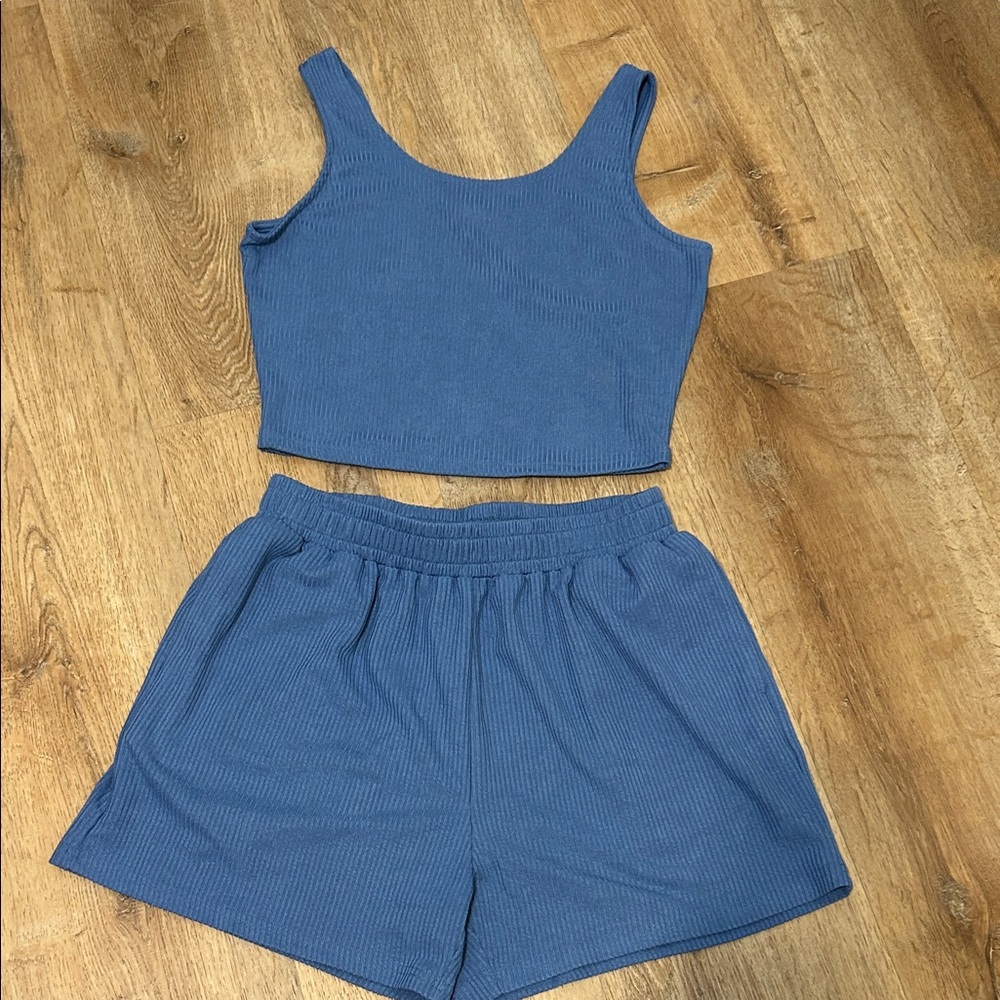 Blue Ribbed Tank Top and Shorts Set